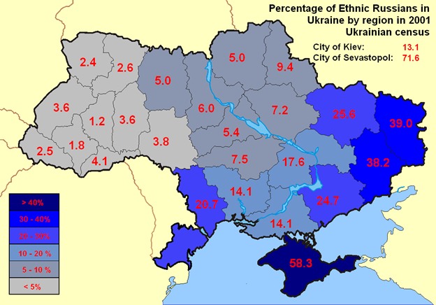 Представленность этнических русских в отдельных регионах Украины, согласно данным украинских источников